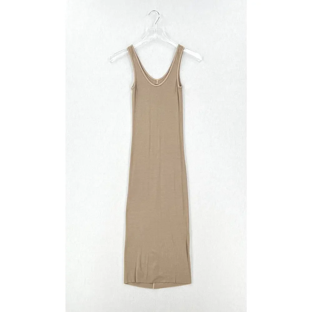 ENZA COSTA Silk Rib Midi Tank Dress Womens XS Tan Tank Quiet Luxury Minimal NEW
